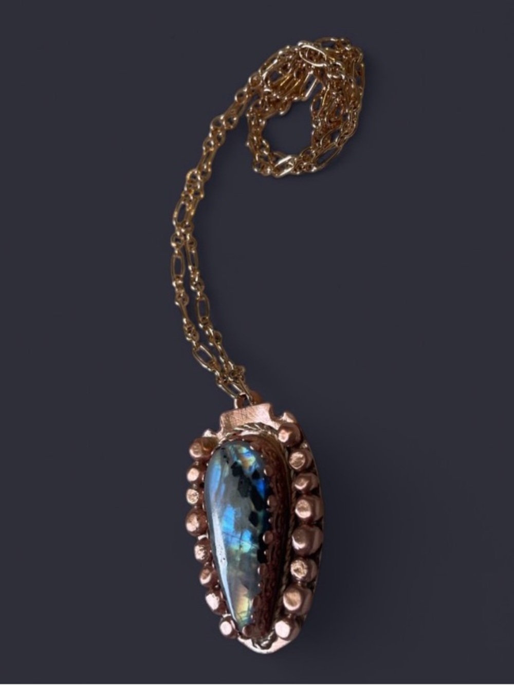 Rainbow Moonstone & Black Tourmaline Pendant — Copper on Rose Gold Chain